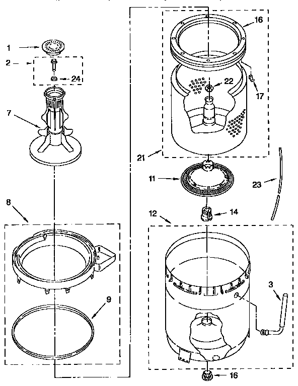 Kenmore 11091552200 agitator, basket and tub diagram