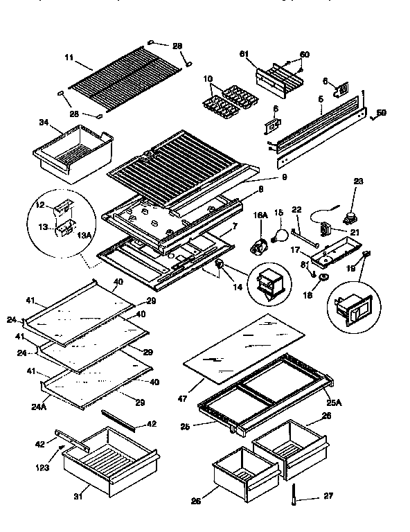 Frigidaire FRT21NNCD0 shelves/controls diagram