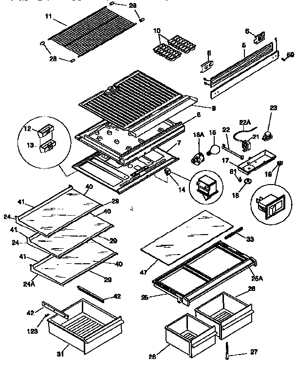Frigidaire FRT21TNCW4 shelves/controls diagram