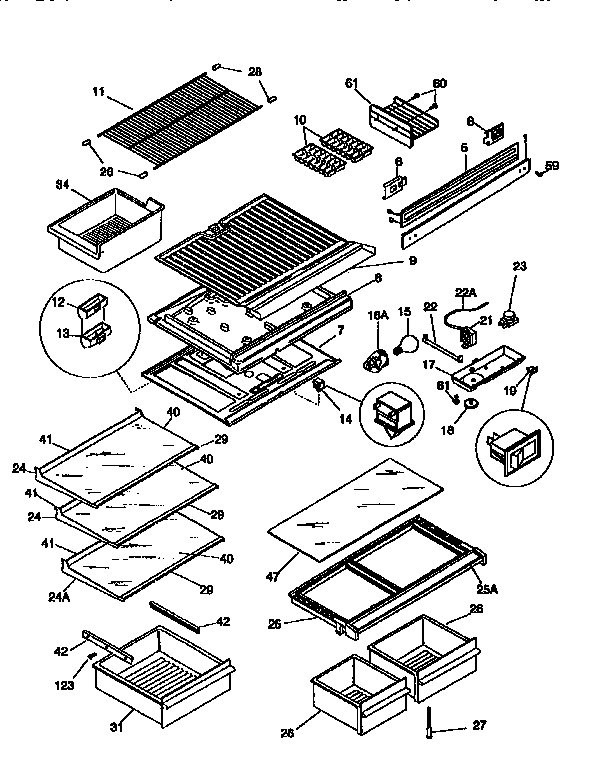 Frigidaire FRT21TN0D3 shelves/controls diagram