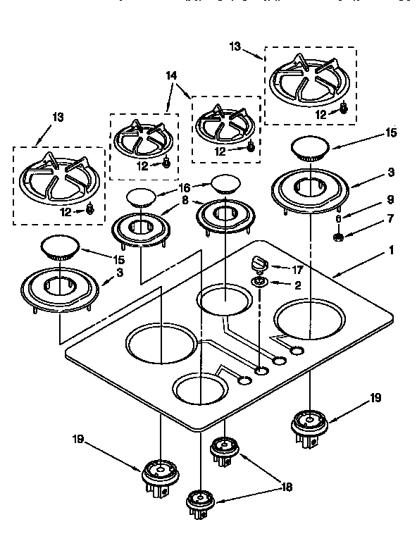 KitchenAid KGCT365BAL4 cooktop, burner and grate diagram