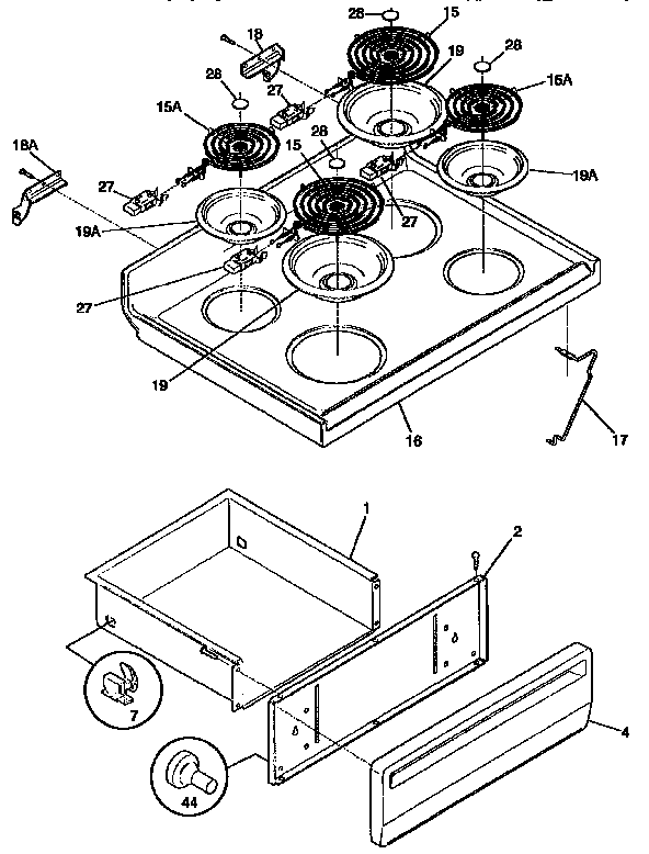 Frigidaire FEF350BEDA top/drawer diagram