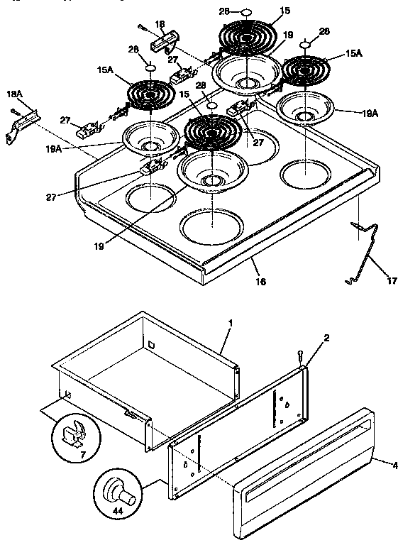 Frigidaire FEF350BEWA top/drawer diagram