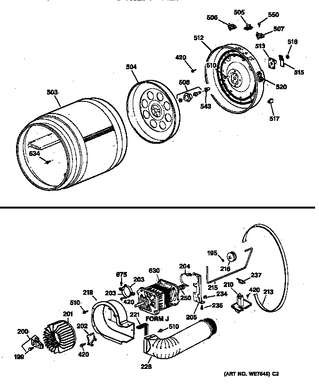 GE DCCB330ET0WC drum, heater assembly, blower & drive asm. diagram