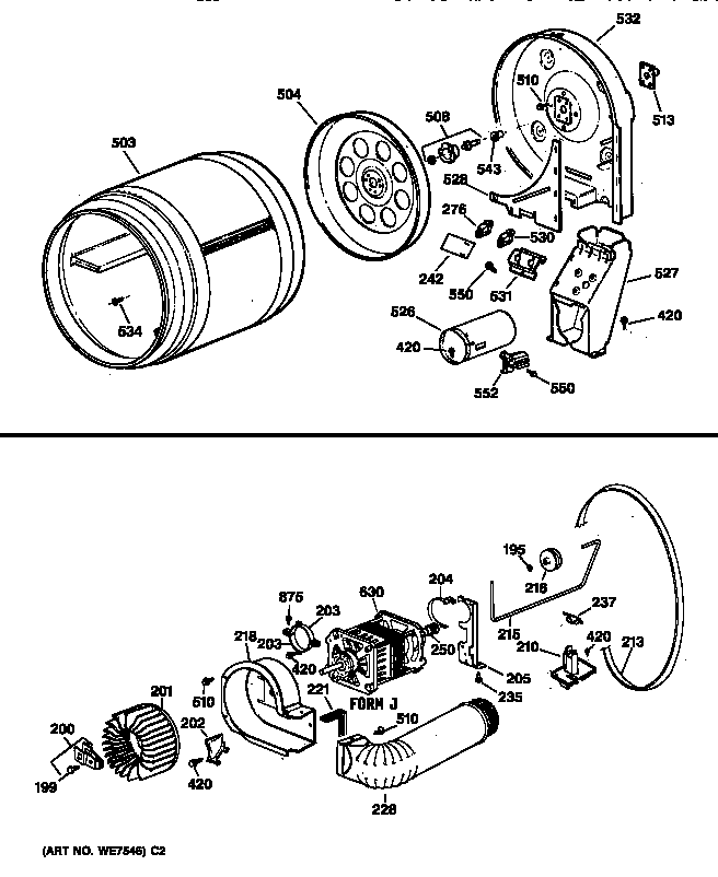 GE DCCB330GT0AC drum, duct, blower & drive assembly diagram