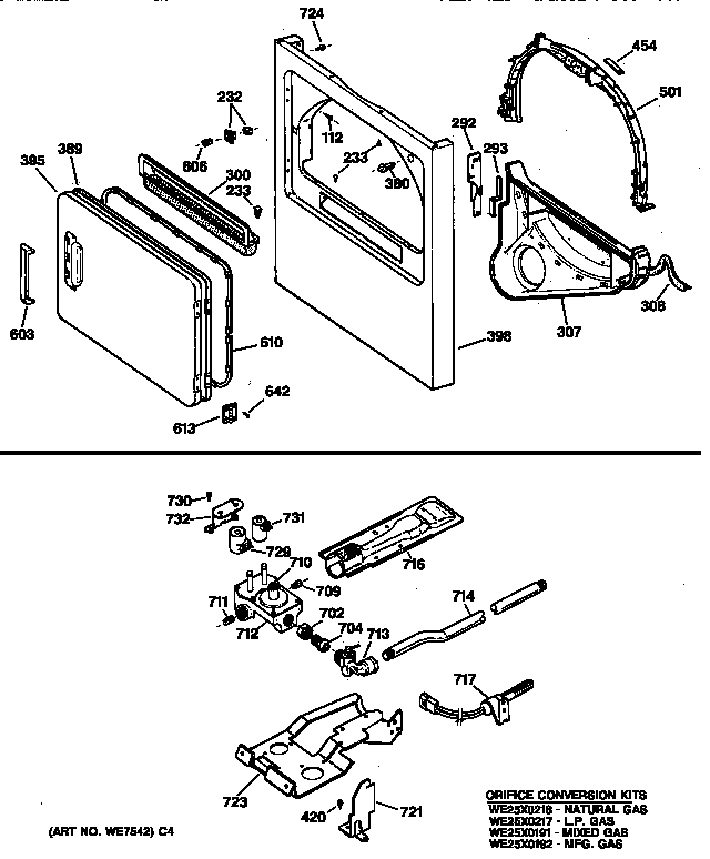 GE DCCB330GT0AC cabinet front, gas valve & burner asm. diagram
