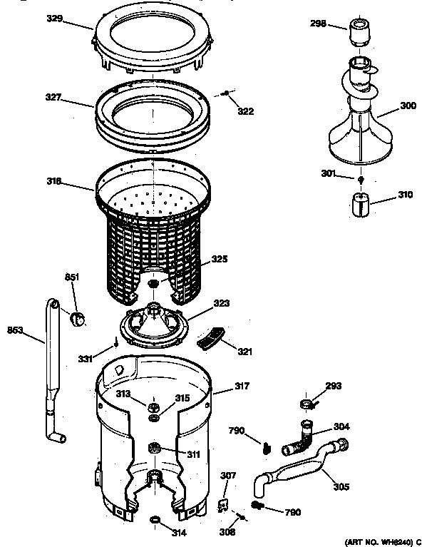 GE WDSR110T5WW tub, basket & agitator diagram