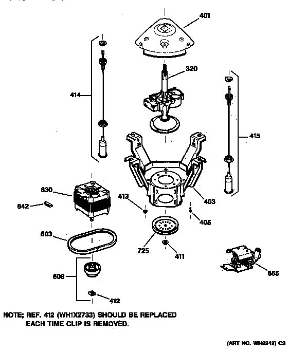 GE WDSR110T5WW suspension, pump & drive components diagram