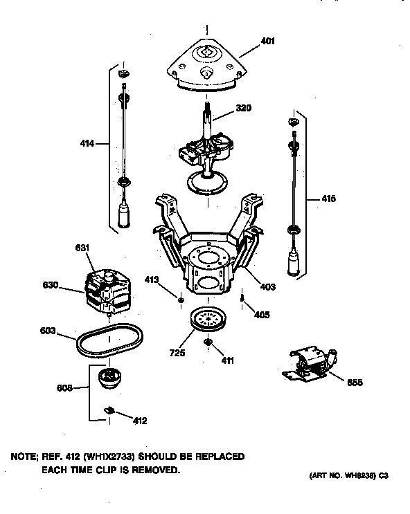 GE WBXR1060T5AA suspension, pump & drive components diagram