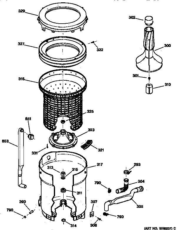 GE WBXR1060T5WW tub, basket & agitator diagram