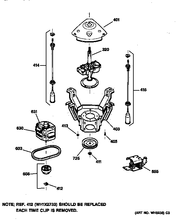 GE WBXR1060T5WW suspension, pump & drive components diagram
