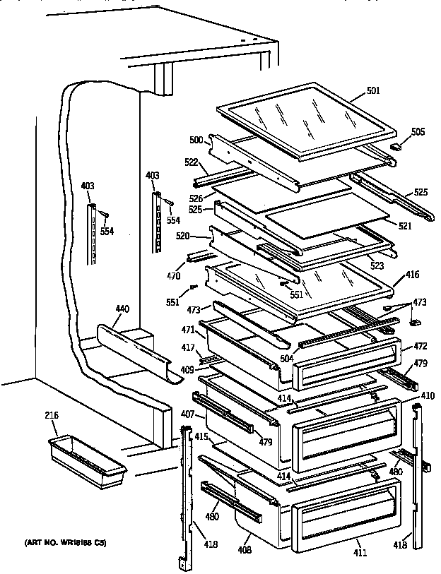 GE TFT24PAXCAA fresh food shelves diagram