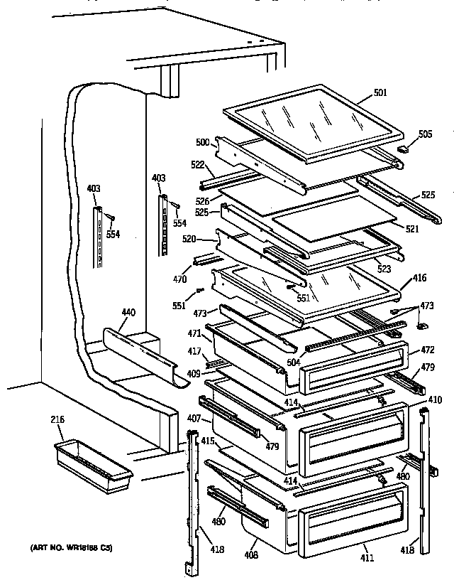GE TFT24PRXCAA fresh food shelves diagram