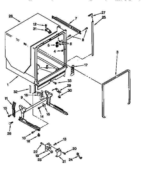 KitchenAid KUDM24SEBL1 tub and frame diagram