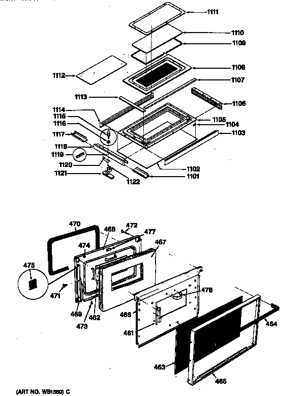 GE JGHC60GEJ4 upper & lower oven door diagram