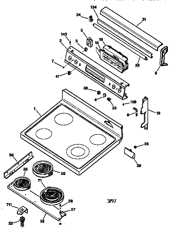 GE JBP90AW1 cooktop & control panel diagram
