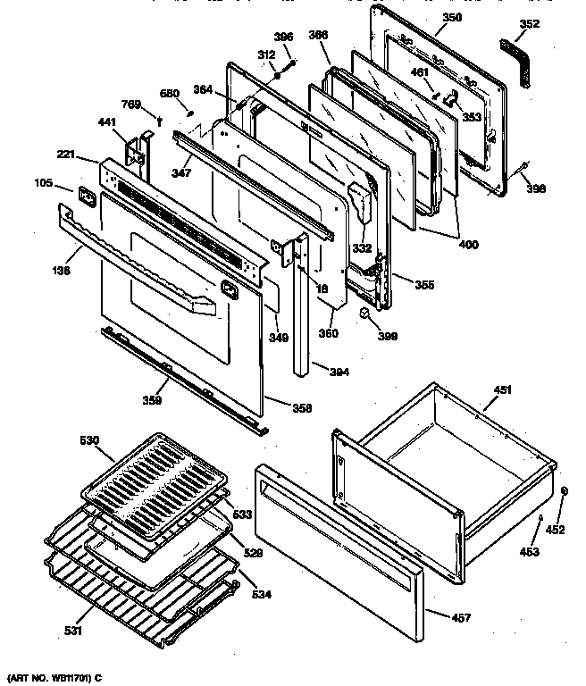 GE JBP95AW1 door & drawer parts diagram