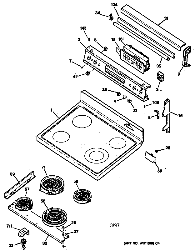 GE JBP95GW1 cooktop & control panel diagram