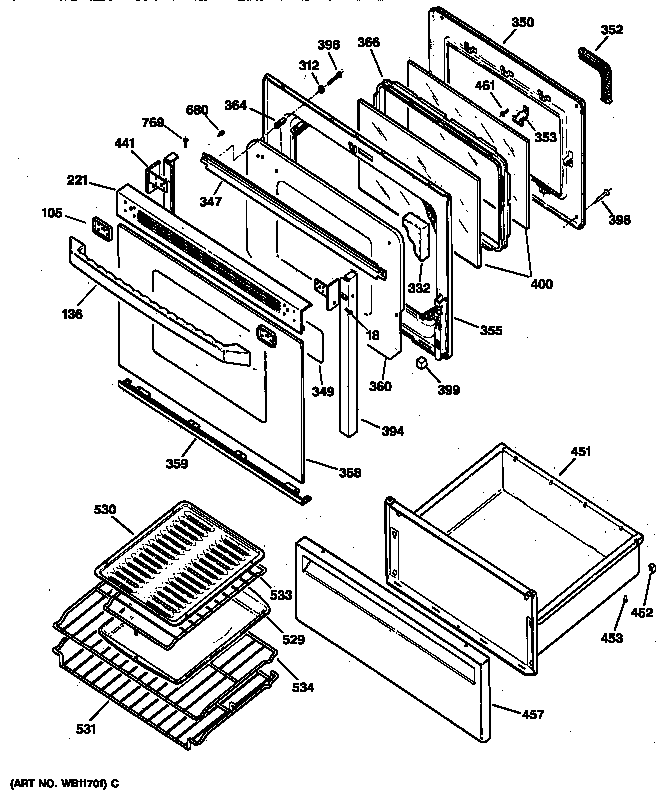 GE JBP95GW1 door & drawer parts diagram