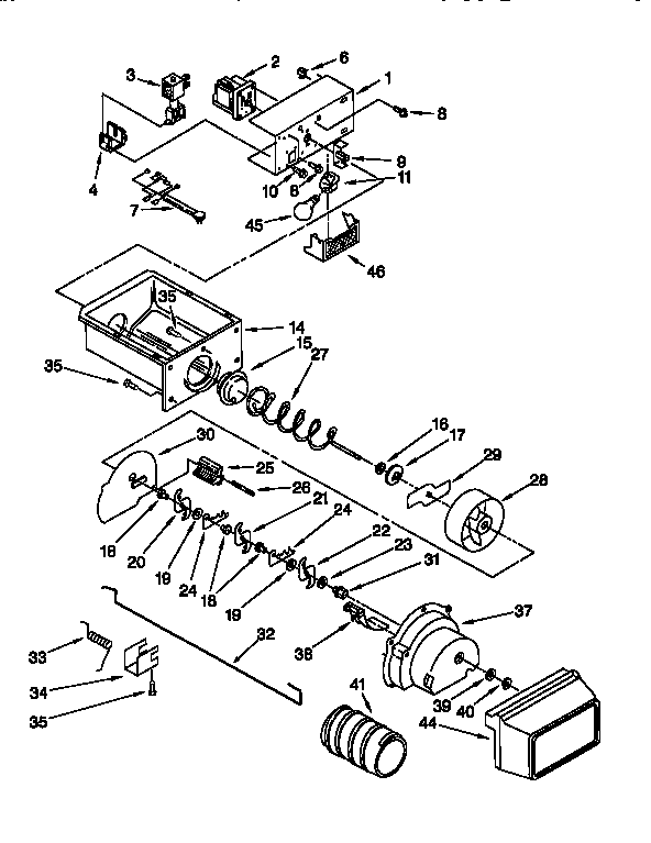 Whirlpool ED25PSQDN01 motor and ice container diagram