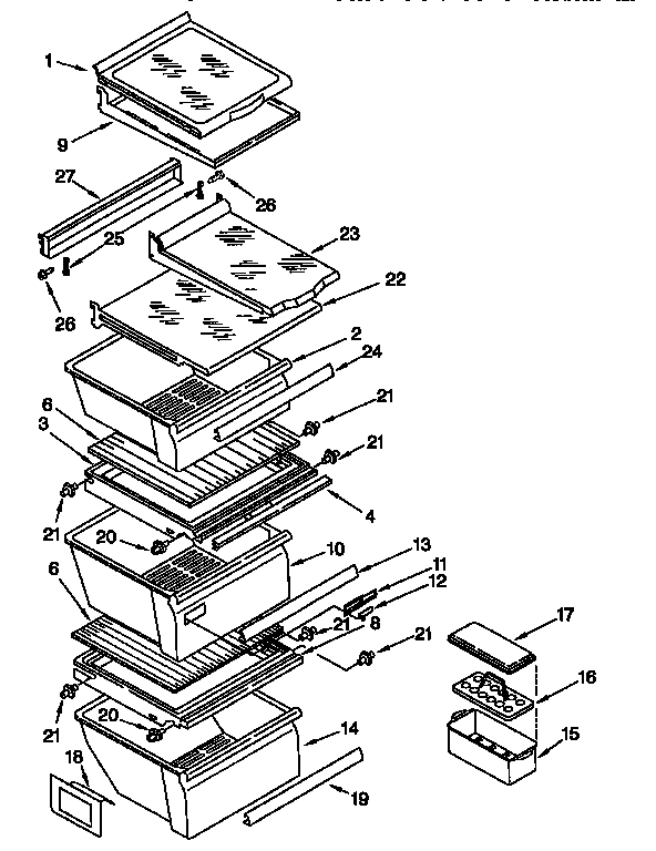 Whirlpool ED25DQXDW05 refrigerator shelf diagram