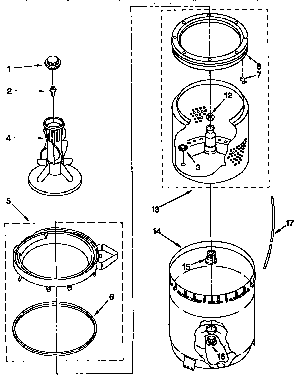 Whirlpool LBR4221EW1 agitator, basket and tub diagram