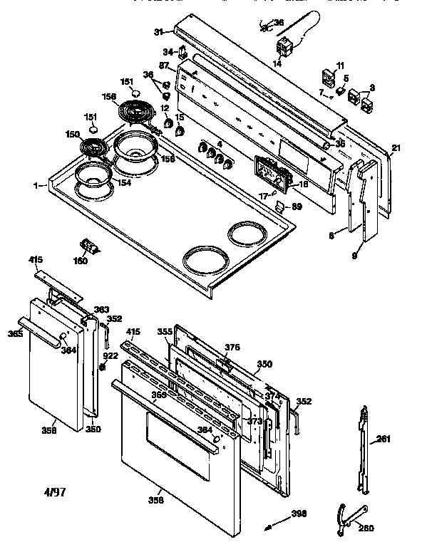 GE JCS57V3WH control panel, cooktop & doors diagram