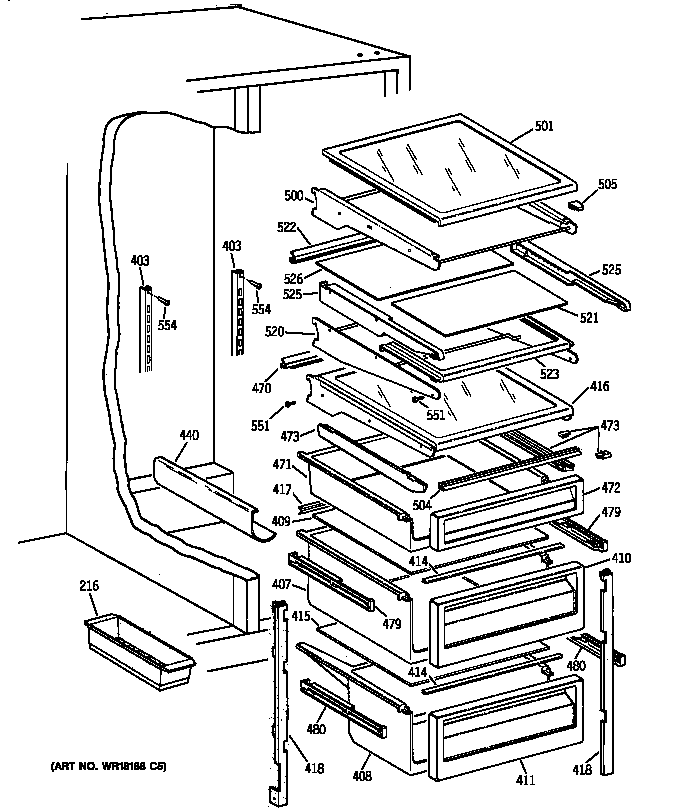 GE TFK25PRYDAA fresh food shelves diagram