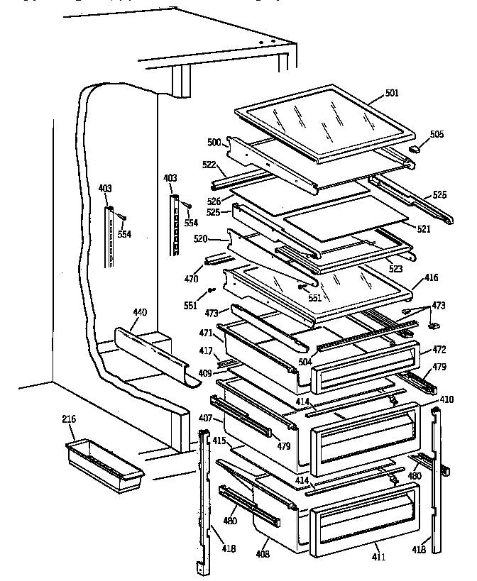 GE TFK25PRYDWW fresh food shelves diagram
