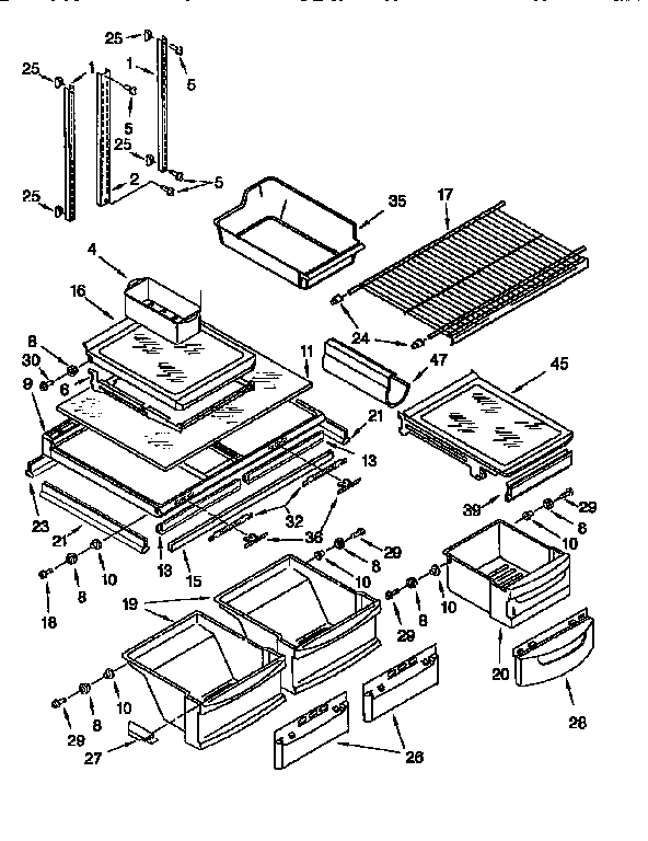 KitchenAid KTRS21MFWH00 shelves and accessories diagram