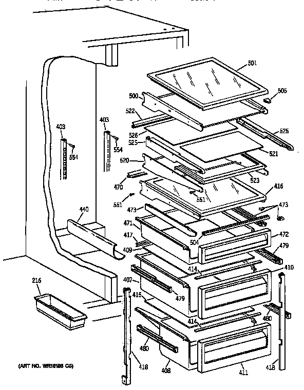 GE TFG25PRYDWW fresh food shelves diagram