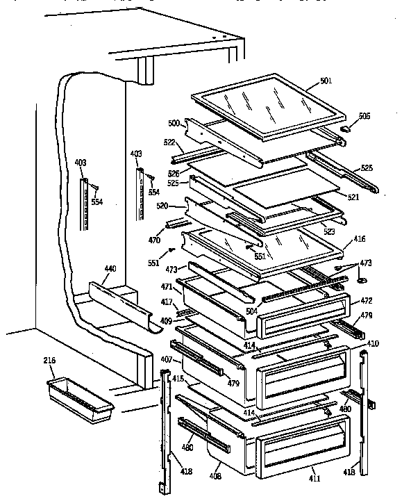 GE TFG25PEYDWH fresh food shelves diagram
