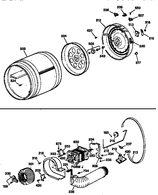 GE DBLR453ET0AA drum, heater asm., blower & drive assembly diagram