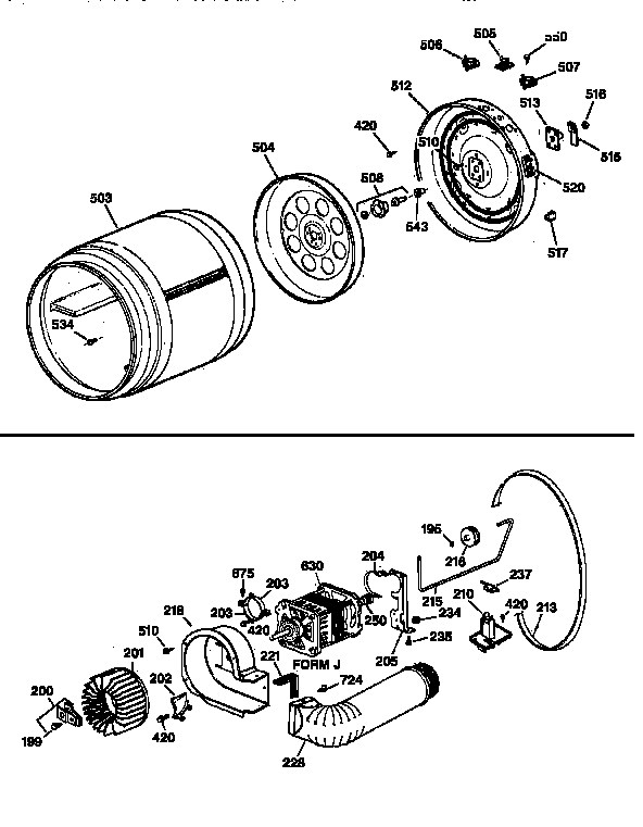 GE DLLR113ET0WB drum, heater asm., blower & drive assembly diagram