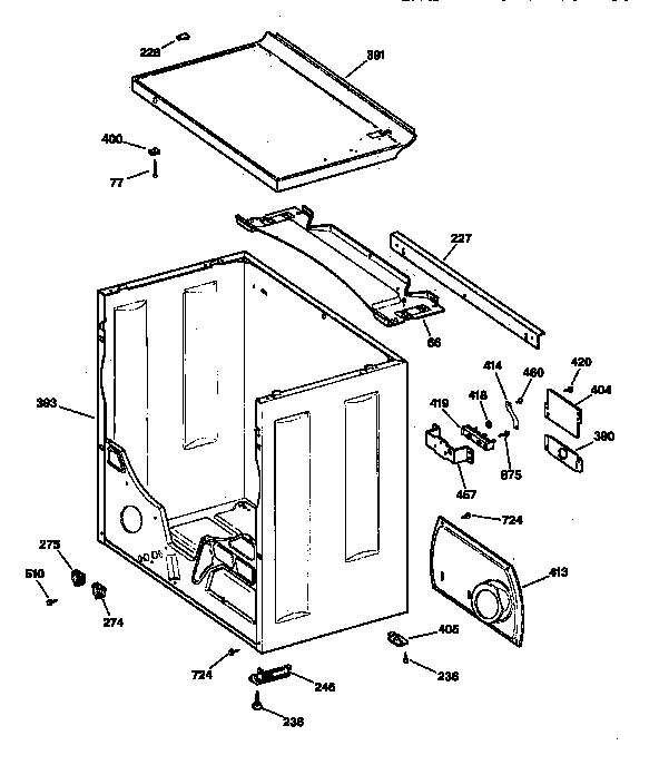GE DVLR223ET0AA cabinet & top diagram