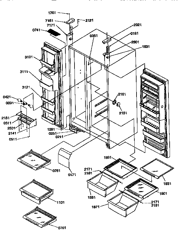 Amana 57085-P1190813WE shelves, lights and hinges diagram