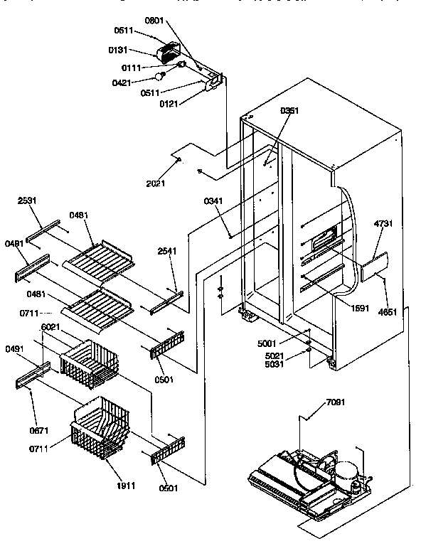 Amana 57085-P1190813WE freezer shelves and light diagram