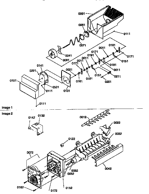 Amana 57085-P1190813WE ice bucket and ice maker diagram