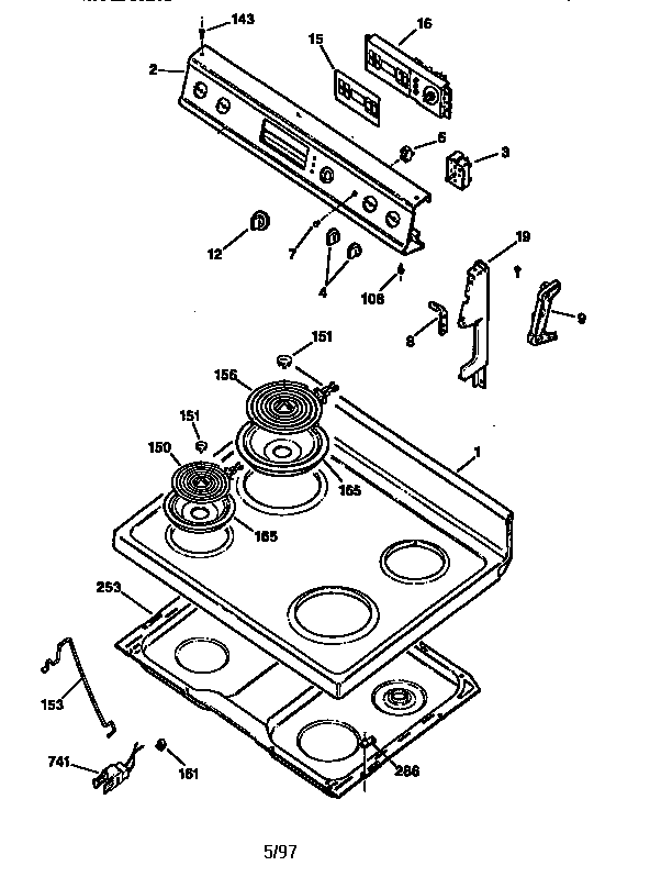 GE JBP25GV2 control panel and cooktop diagram