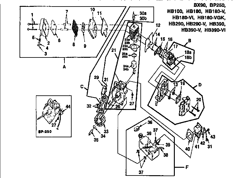 Homelite HB-180-V UT08010-E muffler/carburetor/ignition and air filter diagram