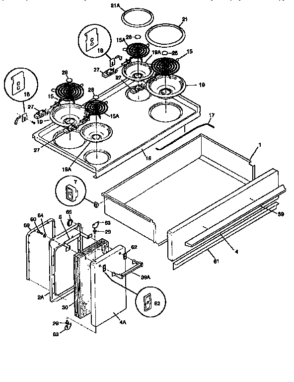 Frigidaire FEF450WCDB top/drawer diagram
