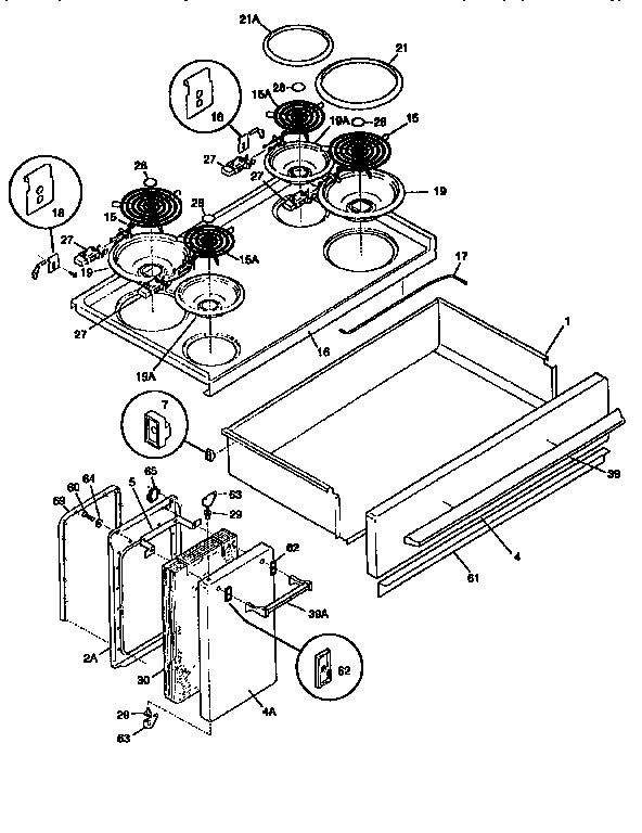Frigidaire FEF450WCWB top/drawer diagram