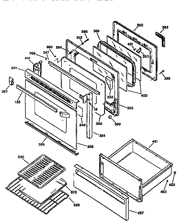 GE JBP30GY1AW door and drawer diagram