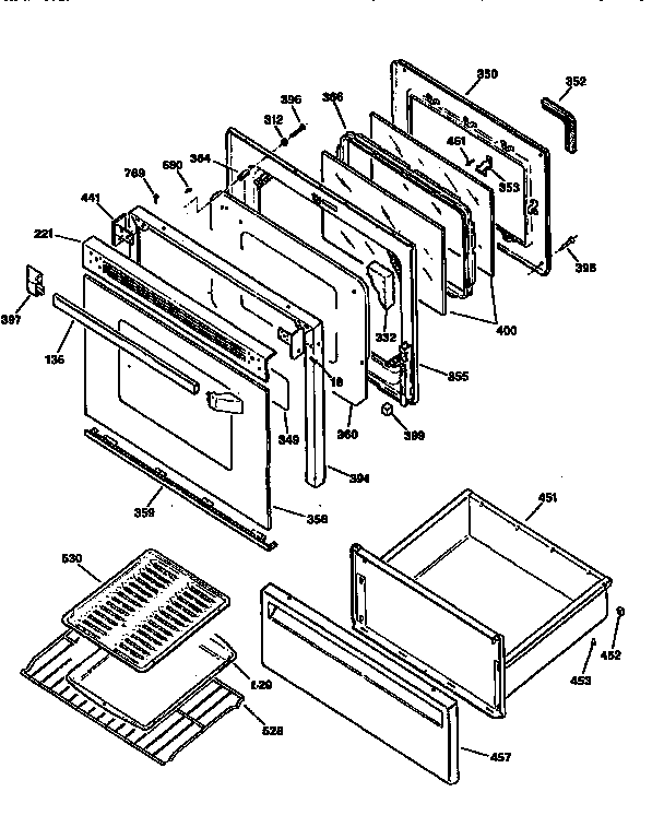 GE JBP45GV1 door and drawer diagram