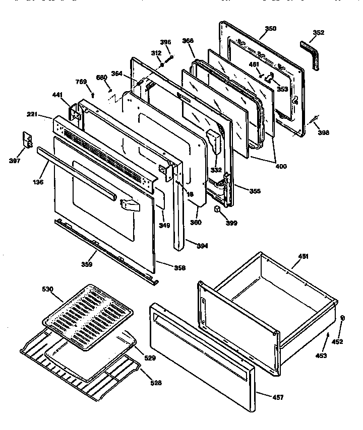 GE JBP45WV1 door and drawer diagram