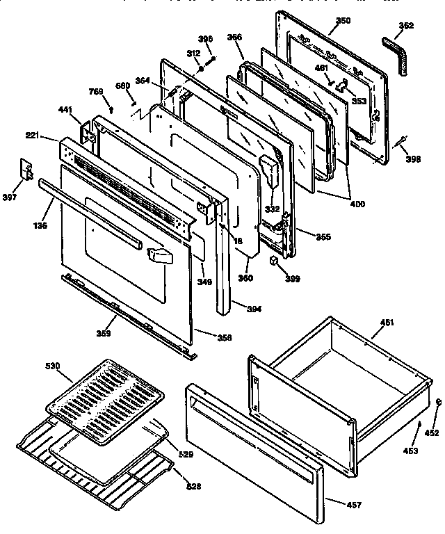 GE JBP46GV1 door and drawer diagram