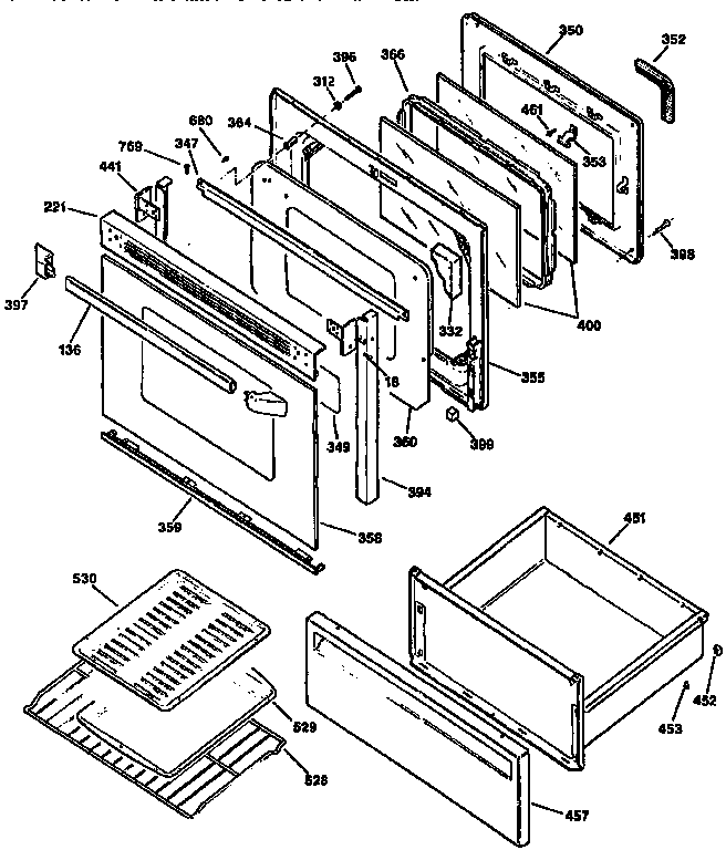 GE JBP45AV2 door and drawer diagram