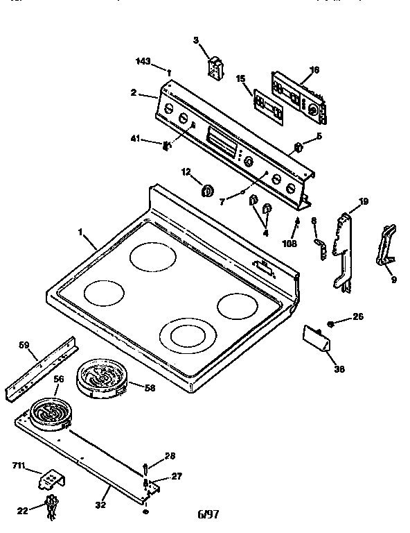 GE JBP75GV3AD cooktp and control panel diagram