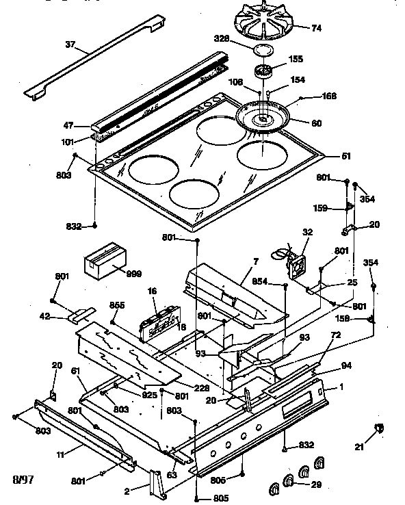 GE JGSP32GEV1BB cooktop & control panel diagram