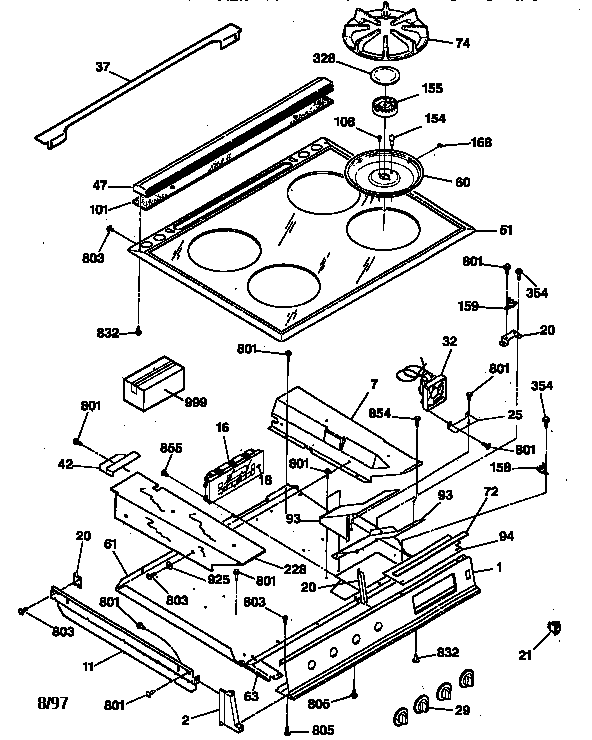 GE JGSP33WEV1WW cooktop & control panel diagram